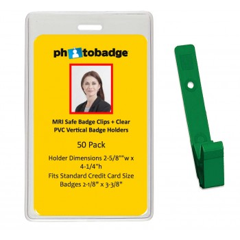 MRI Safe Clips and Vertical PVC Badge Holder- 50 pack